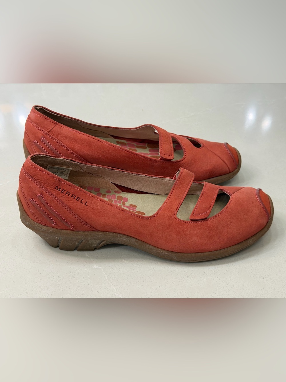 Merrell Gabriella Mary Jane Wedge Comfort Shoes Coral Porcelain Rose Suede 9